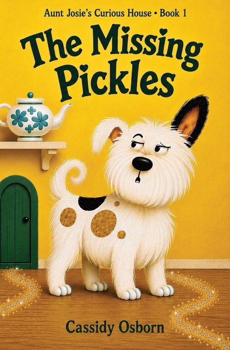 Text: "The Missing Pickles", "Aunt Josie’s Curious House • Book 1", "Cassidy Osborn". Illustration eines Hundes mit grüner Tür und Teekanne.