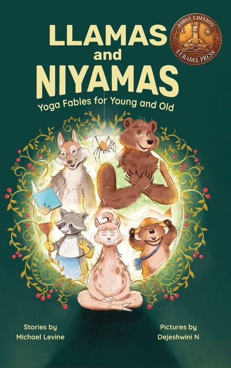 „Llamas and Niyamas: Yoga Fables for Young and Old“. Illustrationen zeigen Tiere in Yoga-Posen.