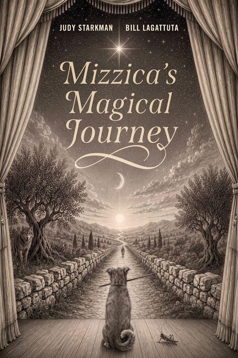 „Mizzica’s Magical Journey“. Ein Hund sitzt vor einem Bühnenvorhang, sieht einen Weg mit Wolf, Bäumen und Person in der Ferne.