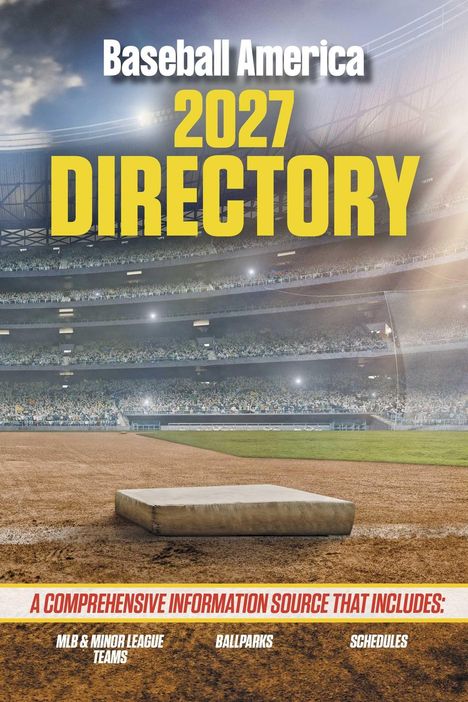 Text: "Baseball America 2027 DIRECTORY." Weißer Text auf schwarzem Hintergrund.