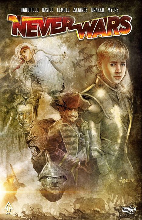 "NEVER WARS" in großen Buchstaben. Illustration mit Charakteren: Junge in Uniform, Pirat, Krieger, Löwe; düstere Atmosphäre.