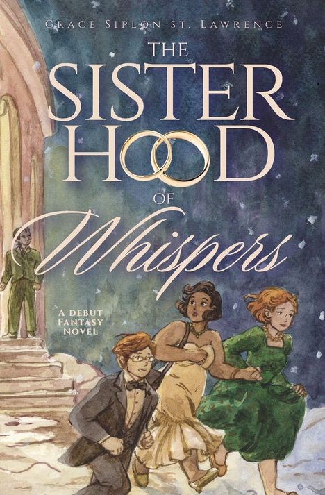 „The Sisterhood of Whispers“ steht in großen Buchstaben. Darunter Antiquitäten: eine Uhr, Flasche und Amulett auf lila Stoff.