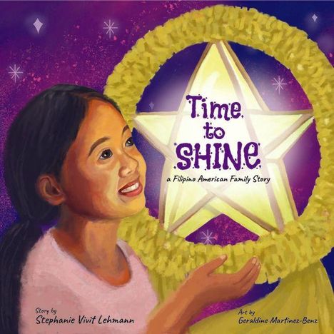 „Time to Shine: A Filipino American Family Story“. Ein Kind betrachtet einen leuchtenden Stern vor lila Hintergrund.
