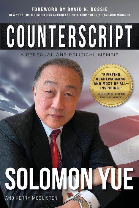 Texte: "FOREWORD BY DAVID N. BOSSIE", "COUNTERSCRIPT", "SOLOMON YUE". Ein Mann im Anzug vor einer wehenden Flagge.