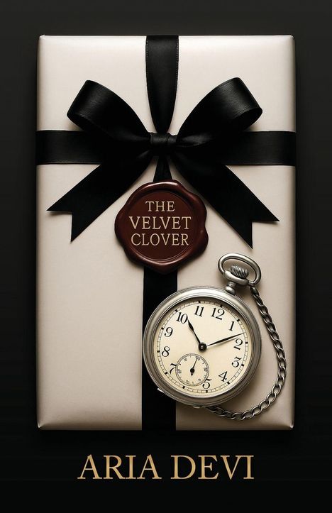 "The Velvet Clover", Wachssiegel, Geschenk mit schwarzer Schleife. Eine Taschenuhr liegt darauf. Text "ARIA DEVI" unten.