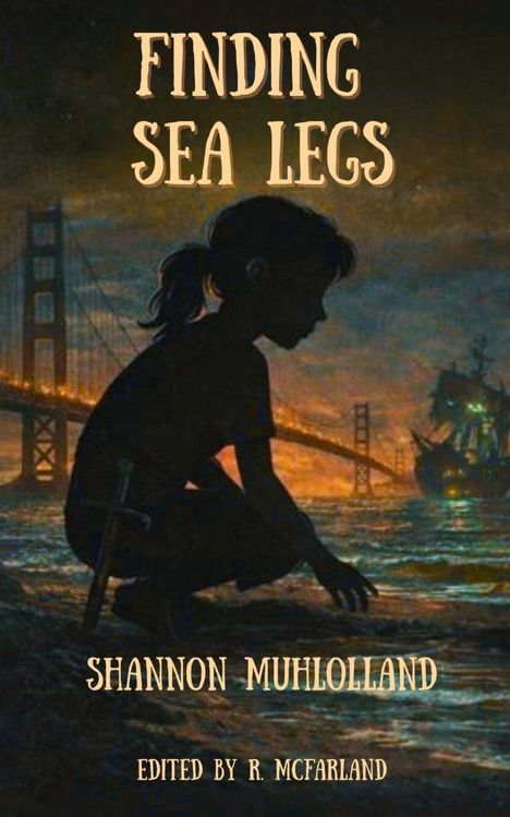 Text: "Finding Sea Legs", "Shannon Muhlolland", "Edited by R. McFarland". Silhouette eines Mädchens am Wasser bei Sonnenuntergang.