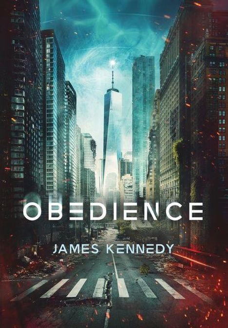 „OBEDIENCE“ und „JAMES KENNEDY“ vor einer futuristischen Stadtlandschaft mit hohen Gebäuden und einem dramatischen Himmel.