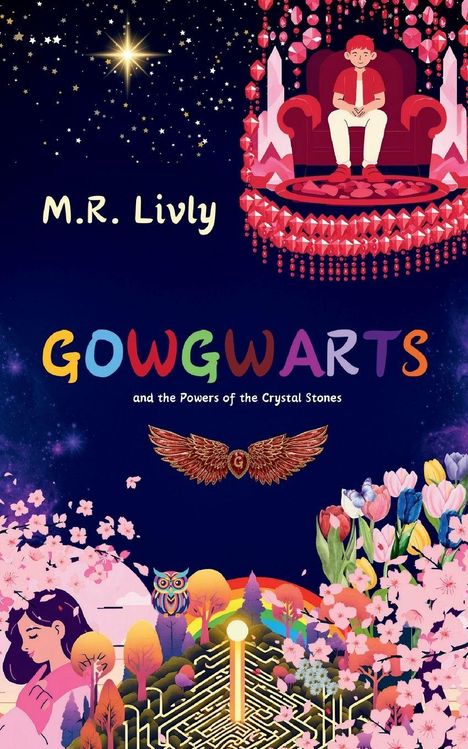 „M.R. Livly“, „GOWGWARTS and the Powers of the Crystal Stones“. Illustration mit Sternenhimmel, farbenfrohen Pflanzen, Eule, Labyrinth.