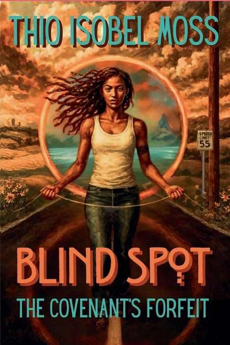 "Thio Isobel Moss", "Blind Spot", "The Covenant's Forfeit". Eine Frau steht in einer Landschaft, mit Seil springend.