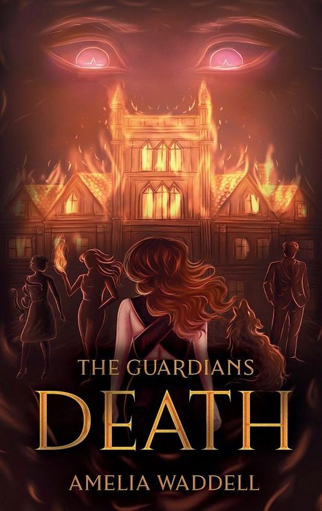 "The Guardians: Death" von Amelia Waddell steht auf einem brennenden Gebäude mit Silhouetten von Menschen und großen Augen darüber.