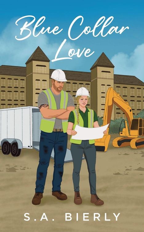 "Blue Collar Love" und "S.A. Bierly". Illustration: Zwei Bauarbeiter mit Plänen vor Gebäuden und Maschinen.