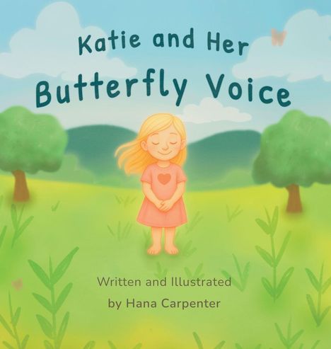„Katie and Her Butterfly Voice“, fröhliches Mädchen im rosa Kleid auf grüner Wiese, Himmel mit Wolken.