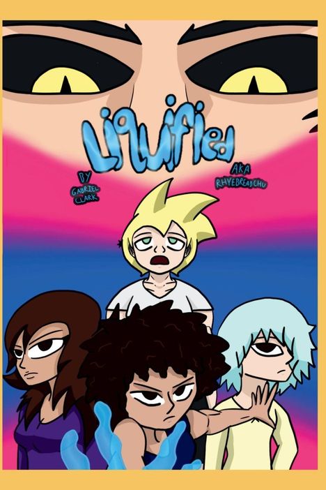 "Liquified" in blauer Schrift, vier Animationsfiguren im Vordergrund, große gelbe Augen im Hintergrund.