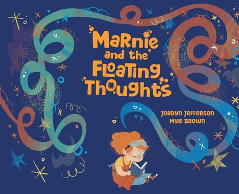 "Marnie and the Floating Thoughts" in gelber Schrift. Eine Illustration von Marnie, sie liest ein Buch, umgeben von bunten Formen.