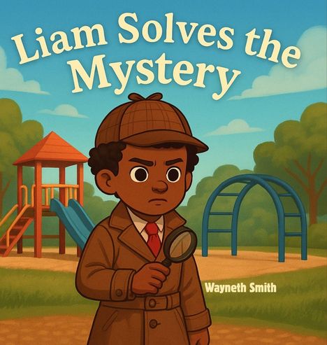 „Liam Solves the Mystery“ und „Wayneth Smith“. Illustration eines Kindes in Detektivkleidung auf einem Spielplatz.