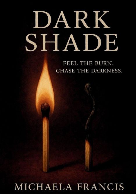 Text: "DARK SHADE", "FEEL THE BURN. CHASE THE DARKNESS.", "MICHAELA FRANCIS". Zwei Streichhölzer, eins brennend, eins verbrannt.