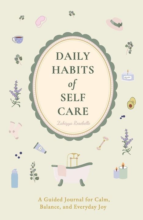 "Daily Habits of Self Care" umrahmt von Wellness-Symbolen wie Lavendel, Badewanne, Kerze und Avocado.