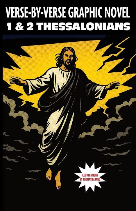 Illustration einer schwebenden Figur in weißem Gewand vor gelbem Hintergrund, umgeben von schwarzen Wolken.