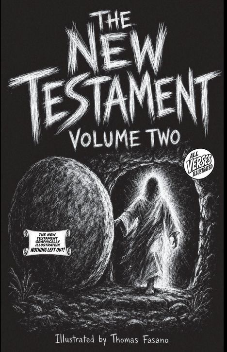 "The New Testament Volume Two" in großen, weißen Buchstaben. Illustration eines stehenden Mannes vor einer Höhle.