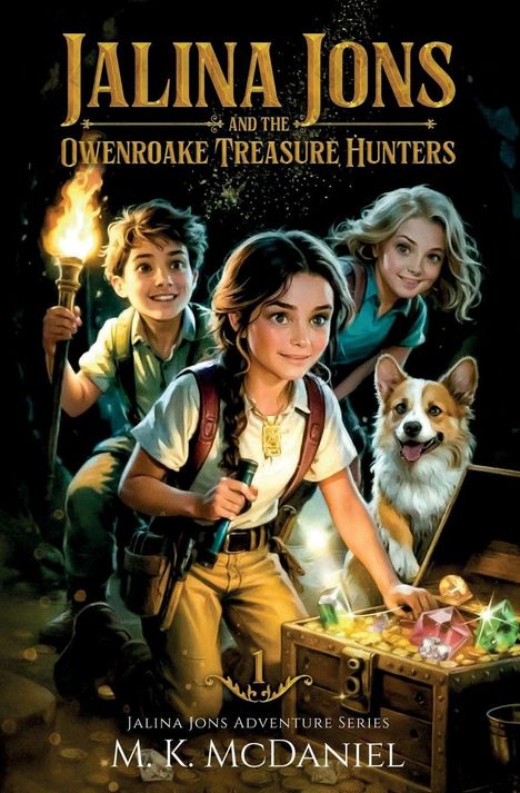 "Jalina Jons and the Owenoake Treasure Hunters" steht groß auf einer Abenteurer-Illustration mit Kindern, einem Hund und Schmuck.
