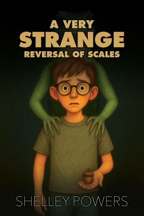 Text: "A Very Strange Reversal of Scales", "Shelley Powers". Illustration: Ein Junge mit Brille, grünen Armen um ihn, hält eine Eichel.