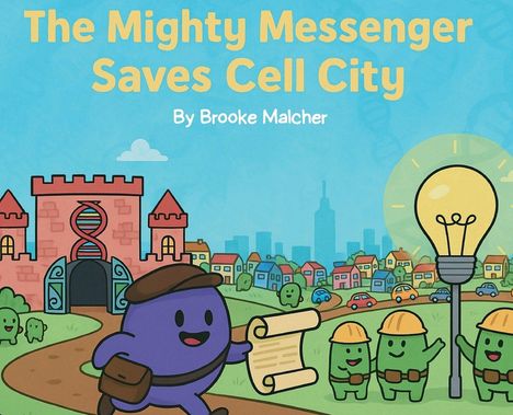 "The Mighty Messenger Saves Cell City" von Brooke Malcher. Illustration: Ein lila Bote trägt eine Schriftrolle.
