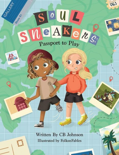 "Soul Sneakers: Passport to Play." Zwei Kinder halten sich die Hände, umgeben von Reisethemen auf einer Landkarte.