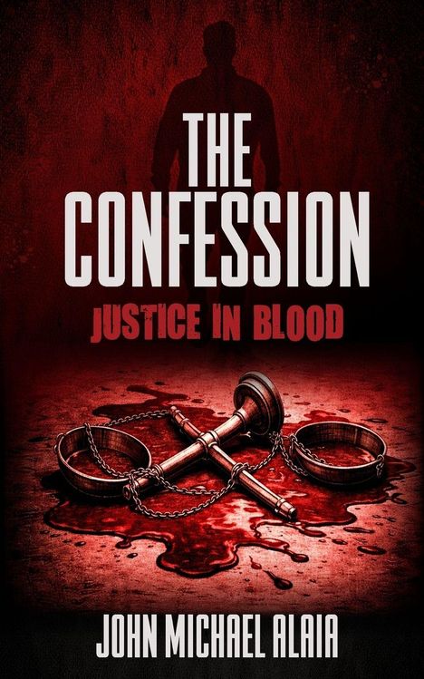 "The Confession. Justice in Blood. John Michael Alaia."  
Schatten eines Mannes, Blutlache, Handschellen, Richterhammer.