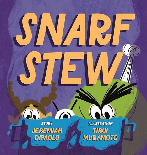 „SNARF STEW“ steht oben in großen, gelben Buchstaben. Darunter blicken cartoonhafte Figuren aus einem Topf.