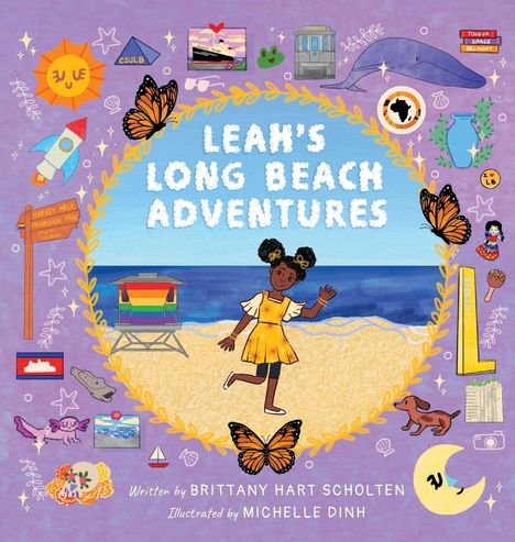 „LEAH'S LONG BEACH ADVENTURES“, Illustration mit Mädchen am Strand umgeben von bunten Symbolen und Tieren.