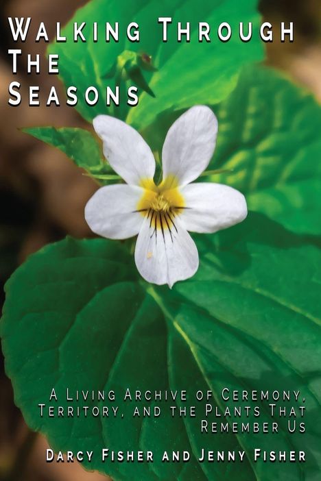 „Walking Through The Seasons“ darüber ein weißes Blütenblatt auf grünen Blättern.