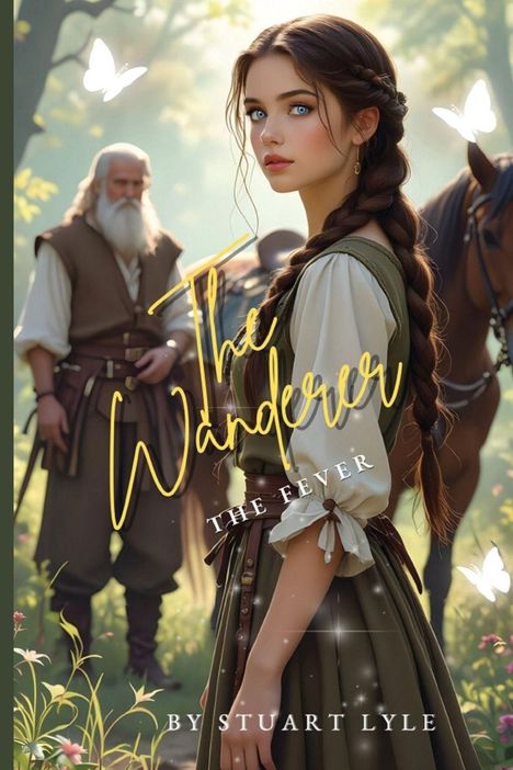 "The Wanderer: The Fever" von Stuart Lyle. Eine Illustration: Frau mit Zöpfen im Wald, ein älterer Mann im Hintergrund.