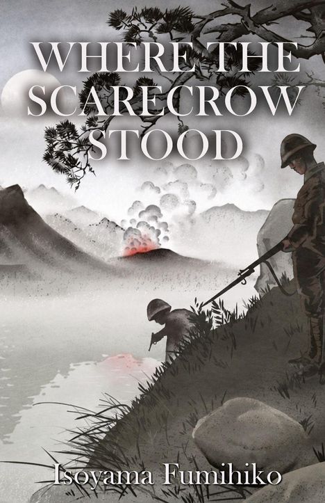 "WHERE THE SCARECROW STOOD", Isayama Fumihiko. Eine Illustration: Ein Soldat am Ufer eines Sees bei Sonnenuntergang.
