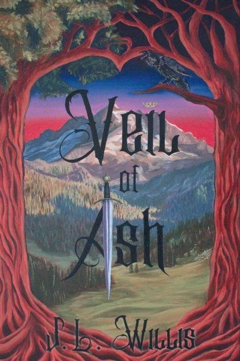 "Veil of Ash" in gotischer Schrift, Schwert darunter. Illustration: Rote Bäume, Berglandschaft, Krone, Rabe.