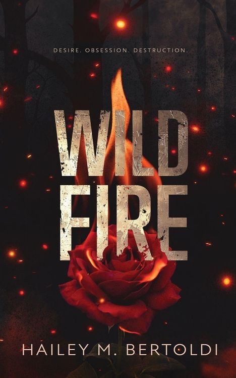 "WILD FIRE" in großen Buchstaben. Darunter eine brennende Rose in dunklem, feurigem Hintergrund.