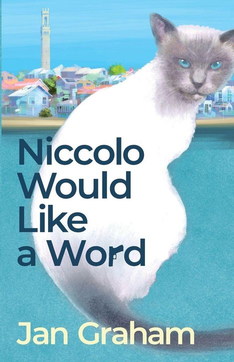 "Niccolo Would Like a Word" und "Jan Graham". Illustration einer Katze vor einer bunten Küstendorf-Szene.