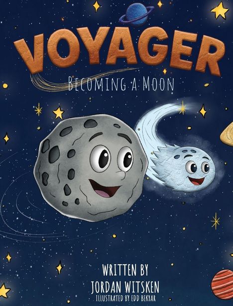 "Voyager: Becoming a Moon", Illustration mit freudigen Asteroiden im Weltraum, Sterne und Planeten im Hintergrund.