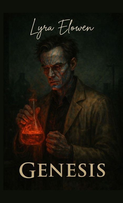 "Lyra Elowen" oben, "Genesis" unten. Illustration eines Mannes mit Flasche, die rotes Leuchten ausstrahlt.