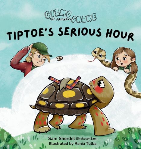 "TIPTOE'S SERIOUS HOUR". Eine Illustration mit Schildkröte, Schlange und zwei Kindern auf einer Wiese.