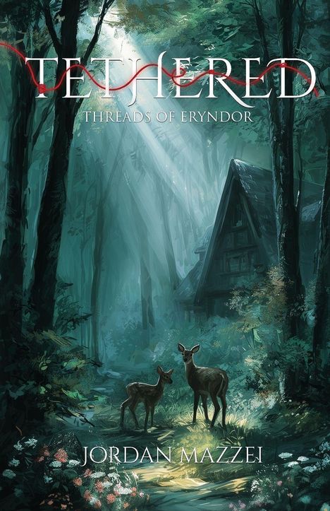 "TETHERED THREADS OF ERYNDOR" und "JORDAN MAZZEI." Illustration eines Waldes mit einer Hütte und zwei Rehen.