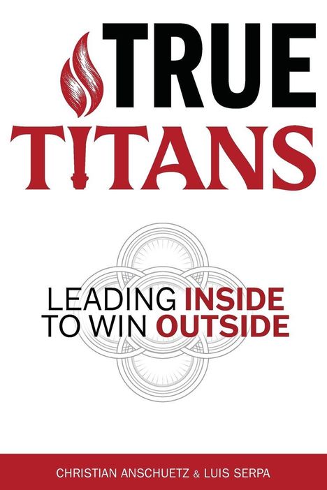 "TRUE TITANS" in rot und schwarz, darunter "LEADING INSIDE TO WIN OUTSIDE". Unten die Namen Christian Anschuetz & Luis Serpa.