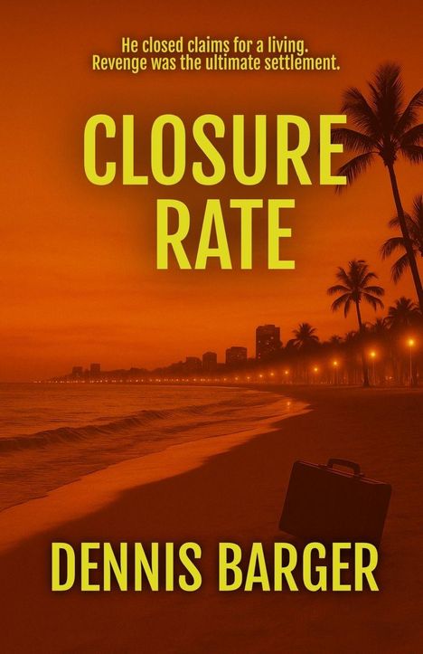 "Closure Rate" von Dennis Barger. Ein Strand bei Sonnenuntergang, Palmen, Lichterkette und ein Koffer sind zu sehen.