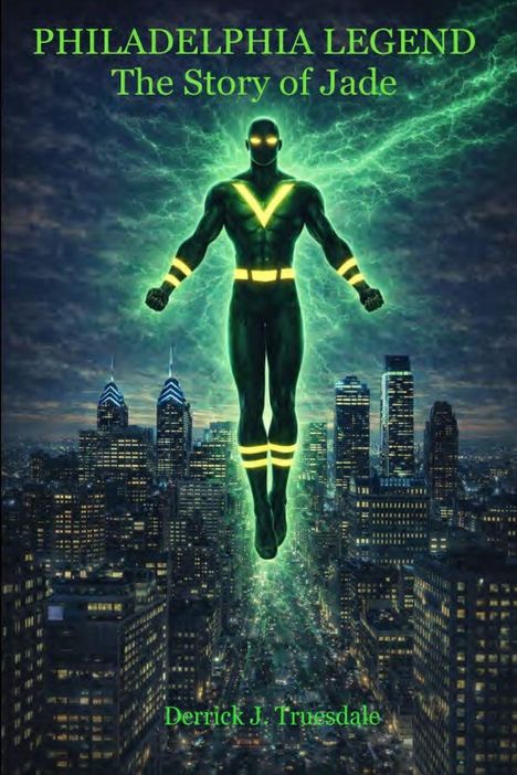 „PHILADELPHIA LEGEND: The Story of Jade“ in Grün. Ein leuchtender Held schwebt über einer nächtlichen Stadt.