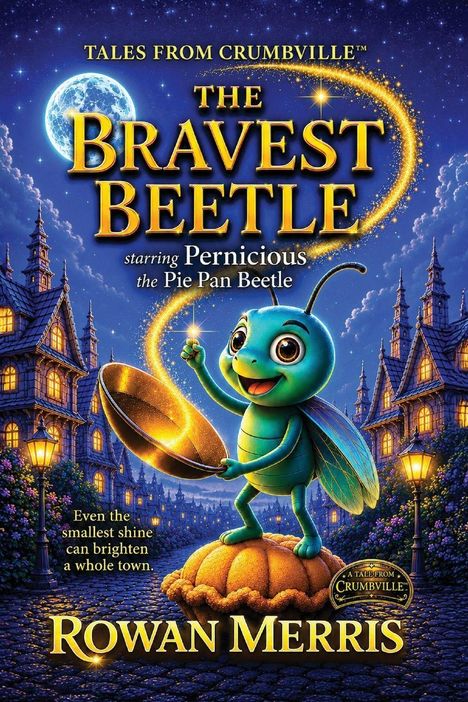 "The Bravest Beetle", "Pernicious", "Pie Pan Beetle", "Even the smallest shine can brighten a whole town." Fröhlicher Käfer.
