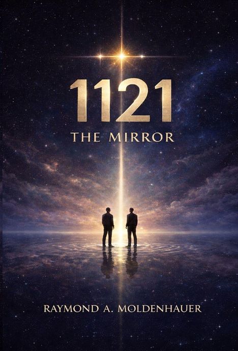 "1121 THE MIRROR", darunter "RAYMOND A. MOLDENHAUER". Zwei Personen stehen vor einem Sternenhimmel und Lichtstrahl.