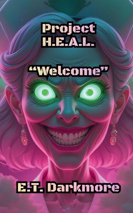 „Project H.E.A.L. Welcome E.T. Darkmore“. Eine gruselig lächelnde Figur mit leuchtenden Augen, in kräftigen Farben.