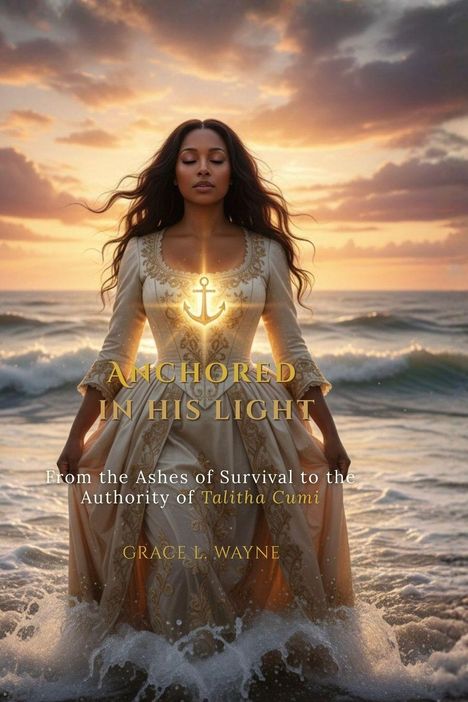 Text: "Anchored in His Light", "From the Ashes of Survival to the Authority of Talitha Cumi", "Grace L. Wayne". Eine Frau im Wasser.