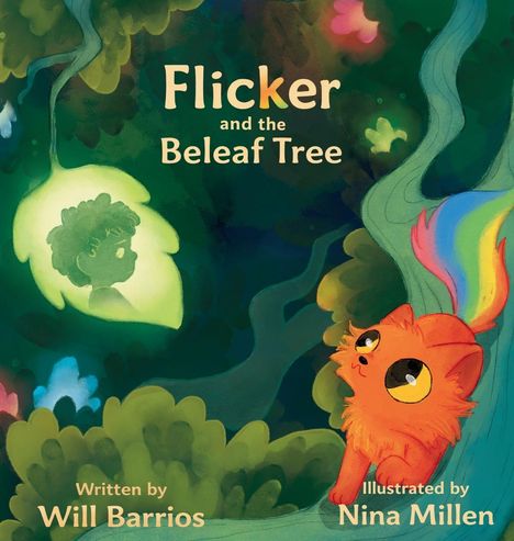 "Flicker and the Beleaf Tree," Illustration: Ein orange-rot gefärbtes, neugieriges Kätzchen schaut zu einem Baum.