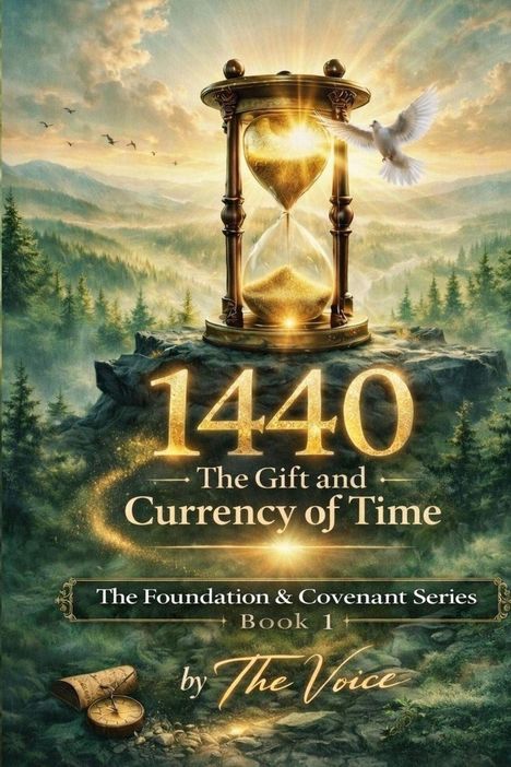 „1440 The Gift and Currency of Time“, „The Foundation & Covenant Series, Book 1 by The Voice“. Eine Sanduhr in Natur.