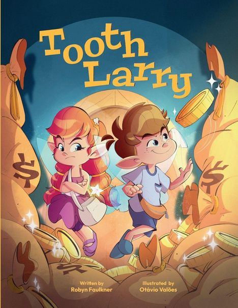 „Tooth Larry“ in gelber Schrift, zwei Cartoon-Kinder in einem Raum voller Geldsäcke und Münzen. Verspielte Szene.